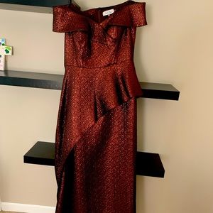 Teri Jon asymmetrical metallic bronze gown.